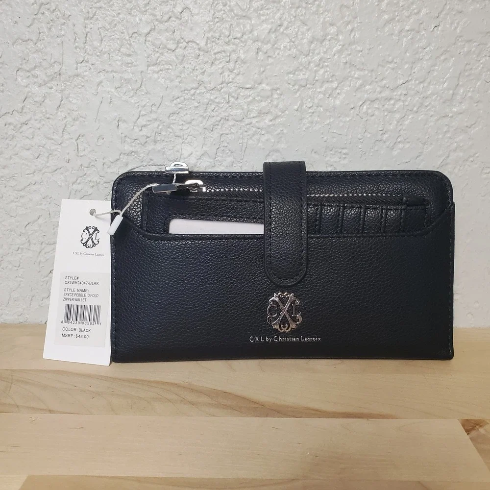Christian Lacroix CLX Bryce Pebble ID Fold Zipper Wallet Wristlet Black NEW